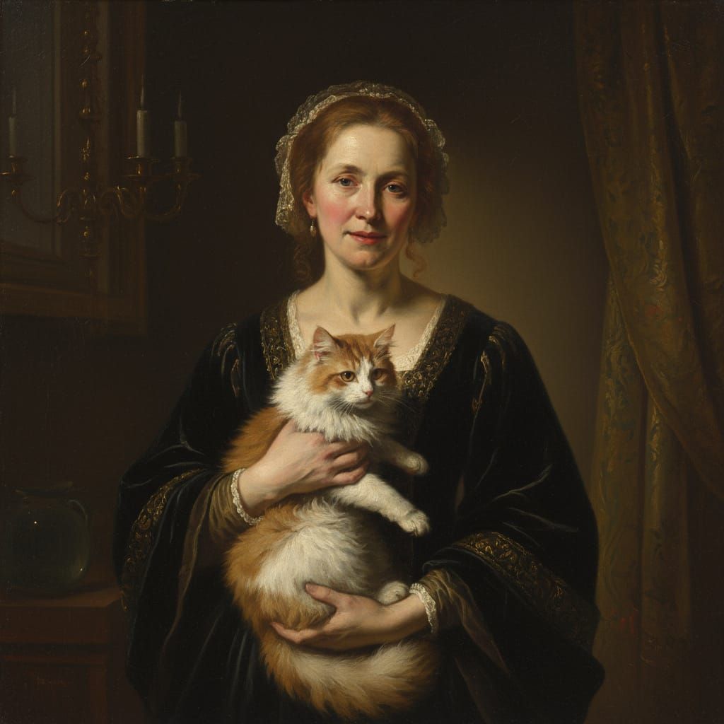 Middle Aged Woman Holds Cat, Painted in Rembrandt Style