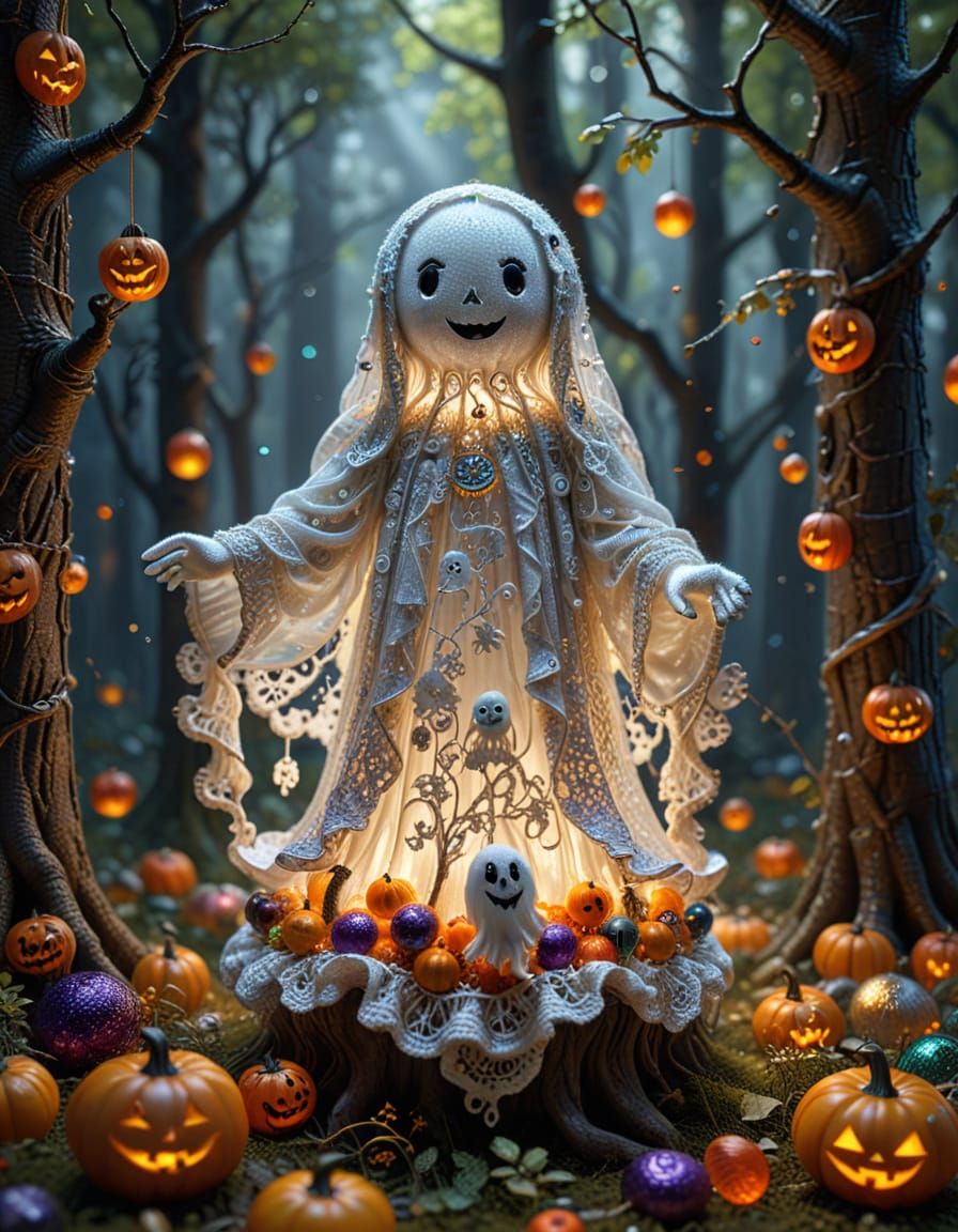 Adorable Crochet Ghost in Cosmic Forest