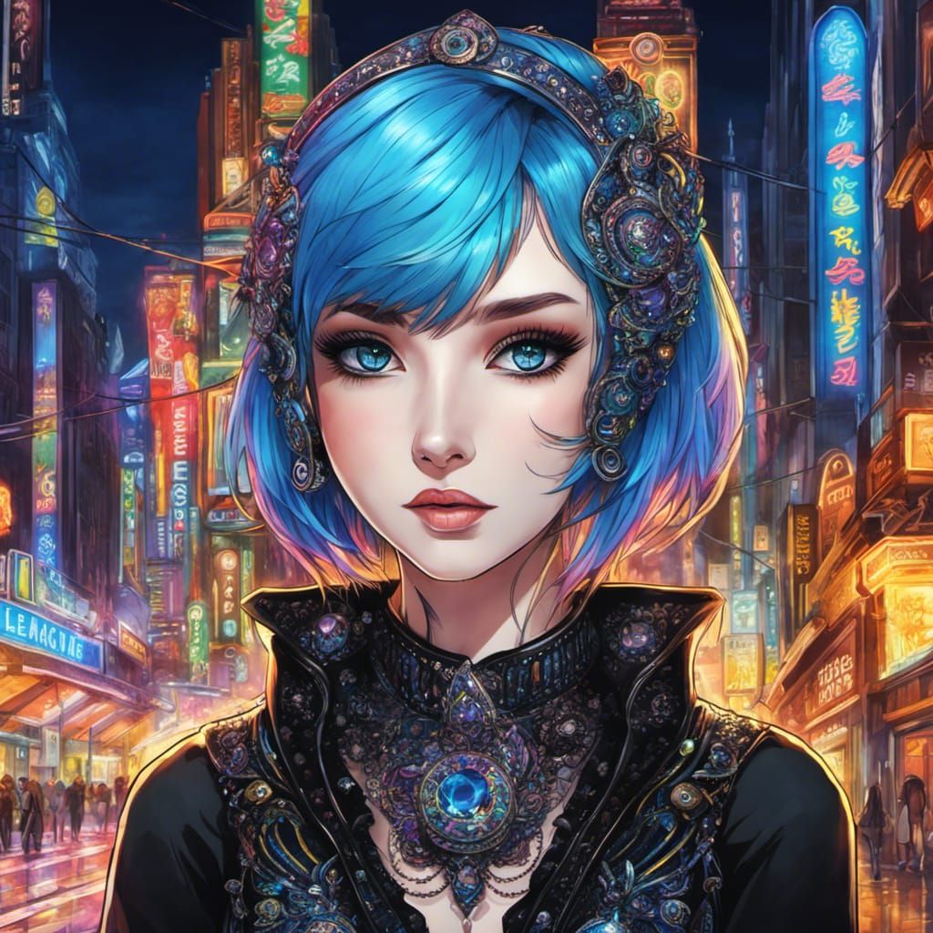 Goth Goddess Girl Portrait in Anime Manga Style