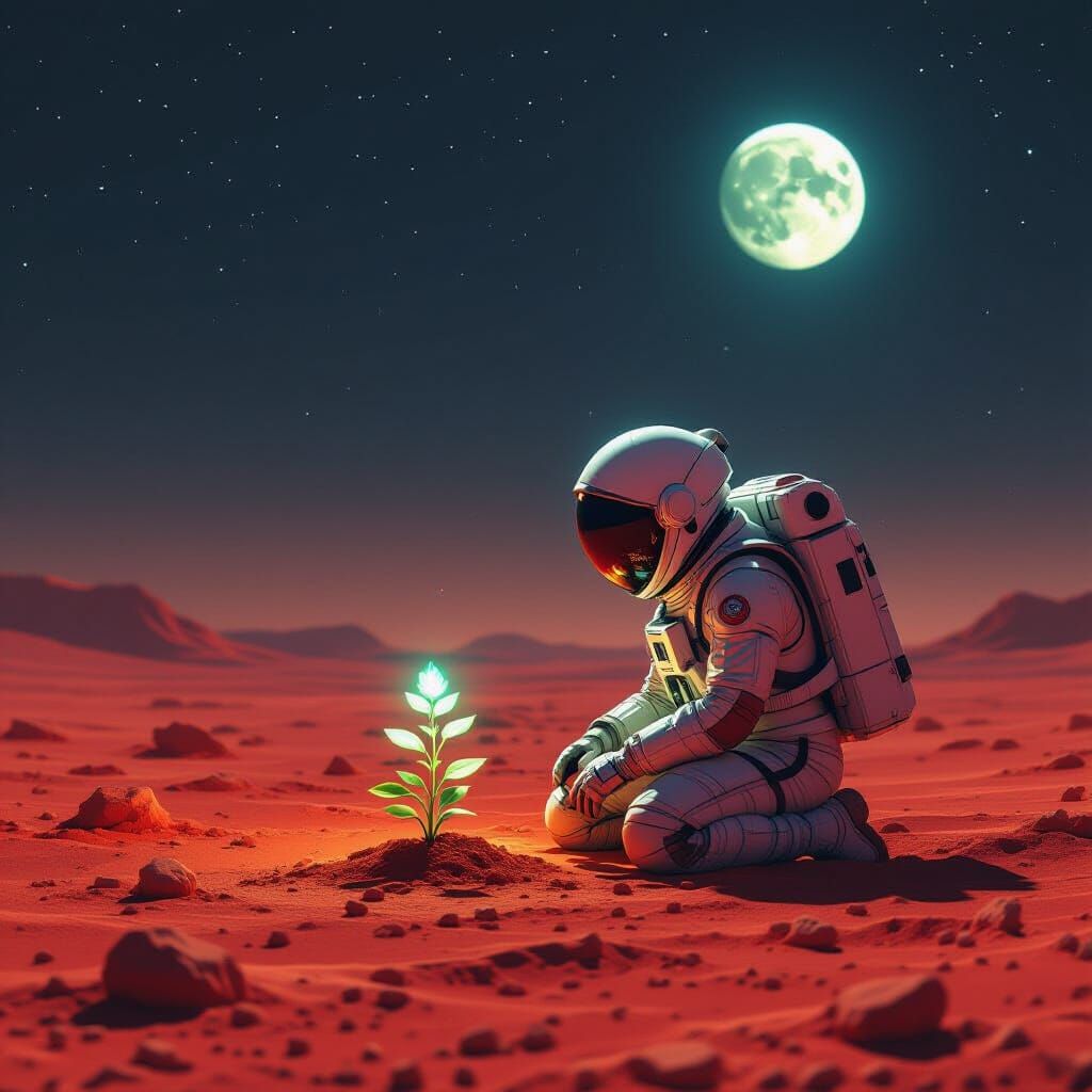 Astronaut Tends Glowing Plant on Mars with Earth View