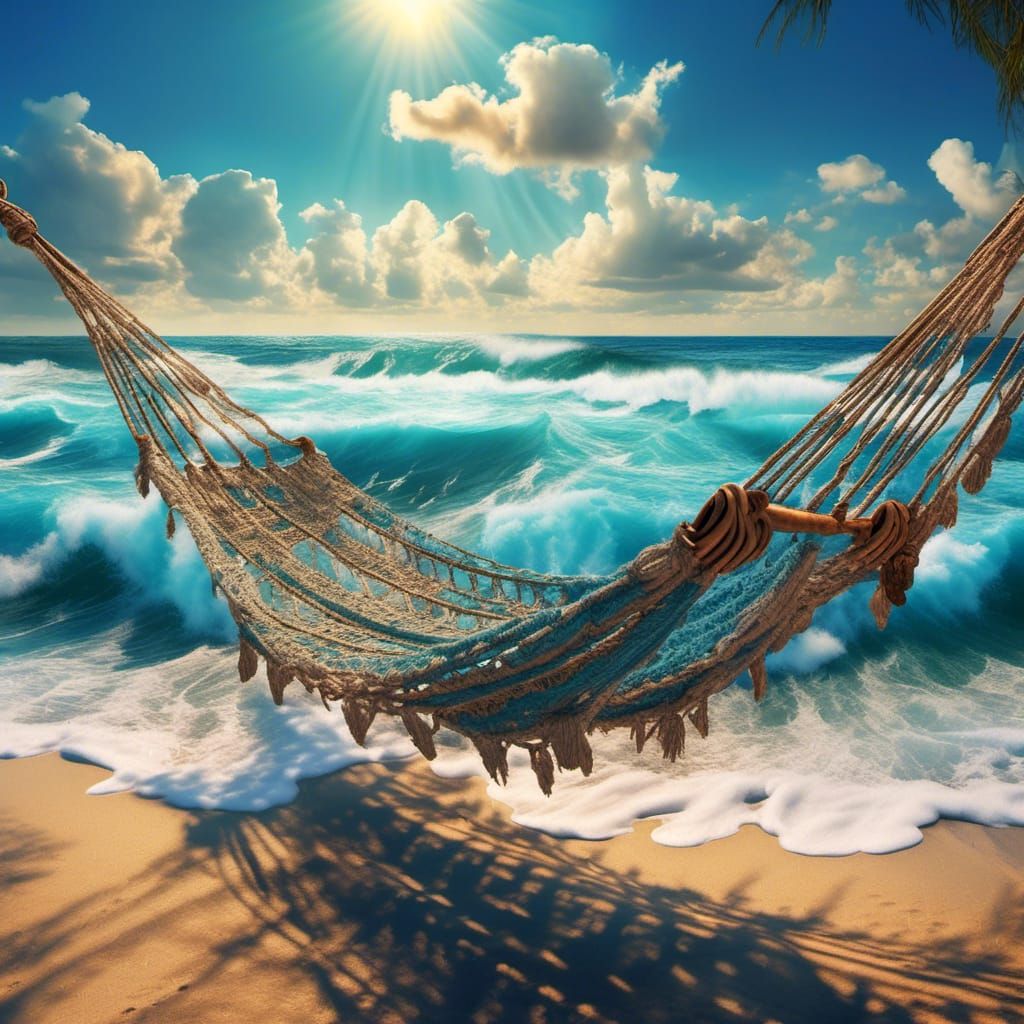 Ocean Waves and Hammock Under Bright Blue Sky