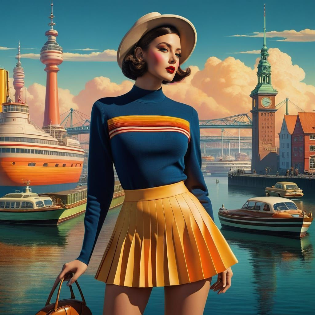 Vibrant Hamburg Port Scene in Triadic Colors