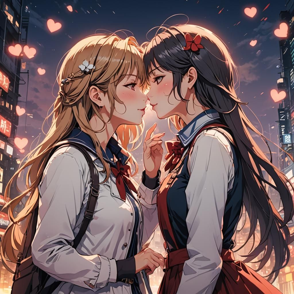 Anime Girls Kissing in Cel-Shaded Manga Style
