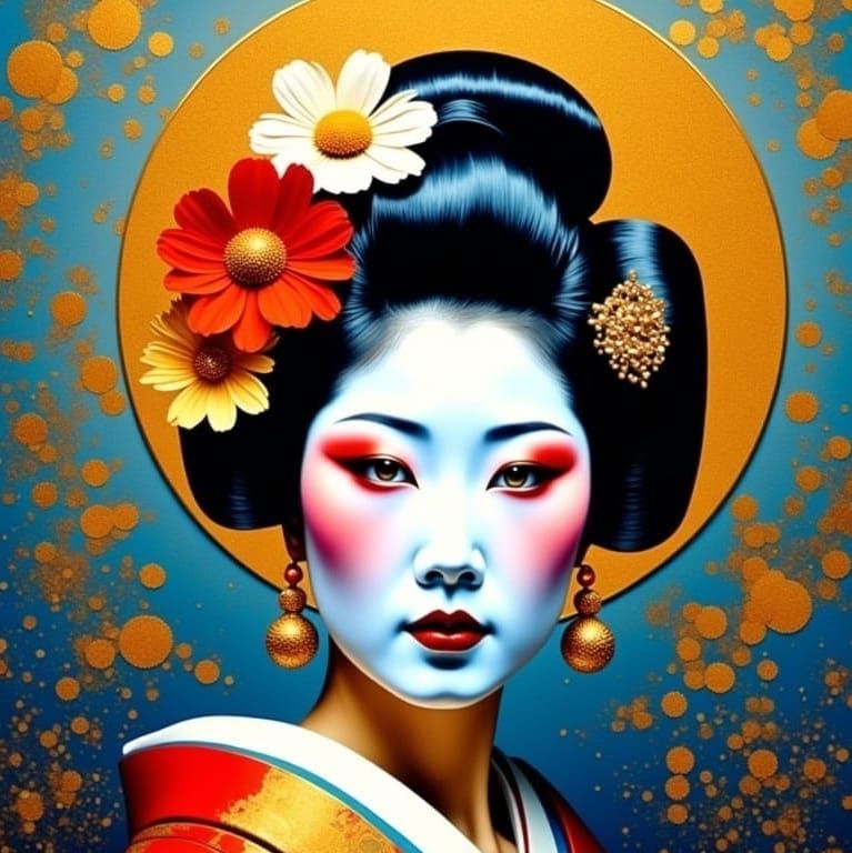 Geisha Portrait with Daisies in Neo-Impressionist Style
