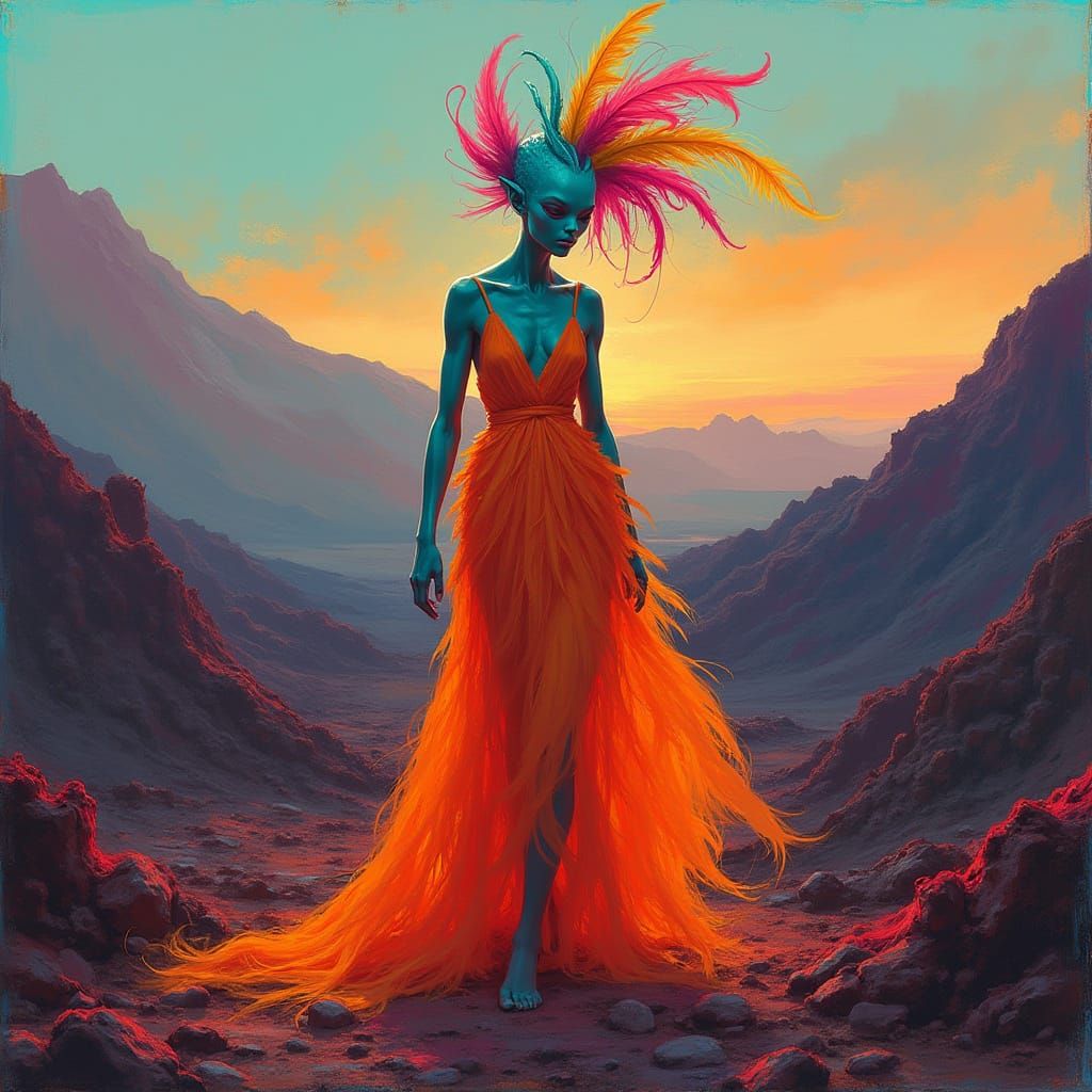 Surreal Futuristic Alien in Vibrant Orange Feathers against ...