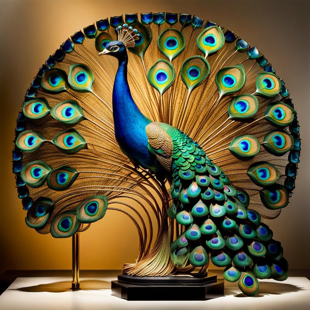 Luxurious Peacock Art Deco Masterpiece in Opalescent Glass