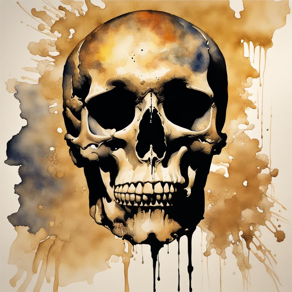 War Aftermath Skull in Watercolor Ink Art