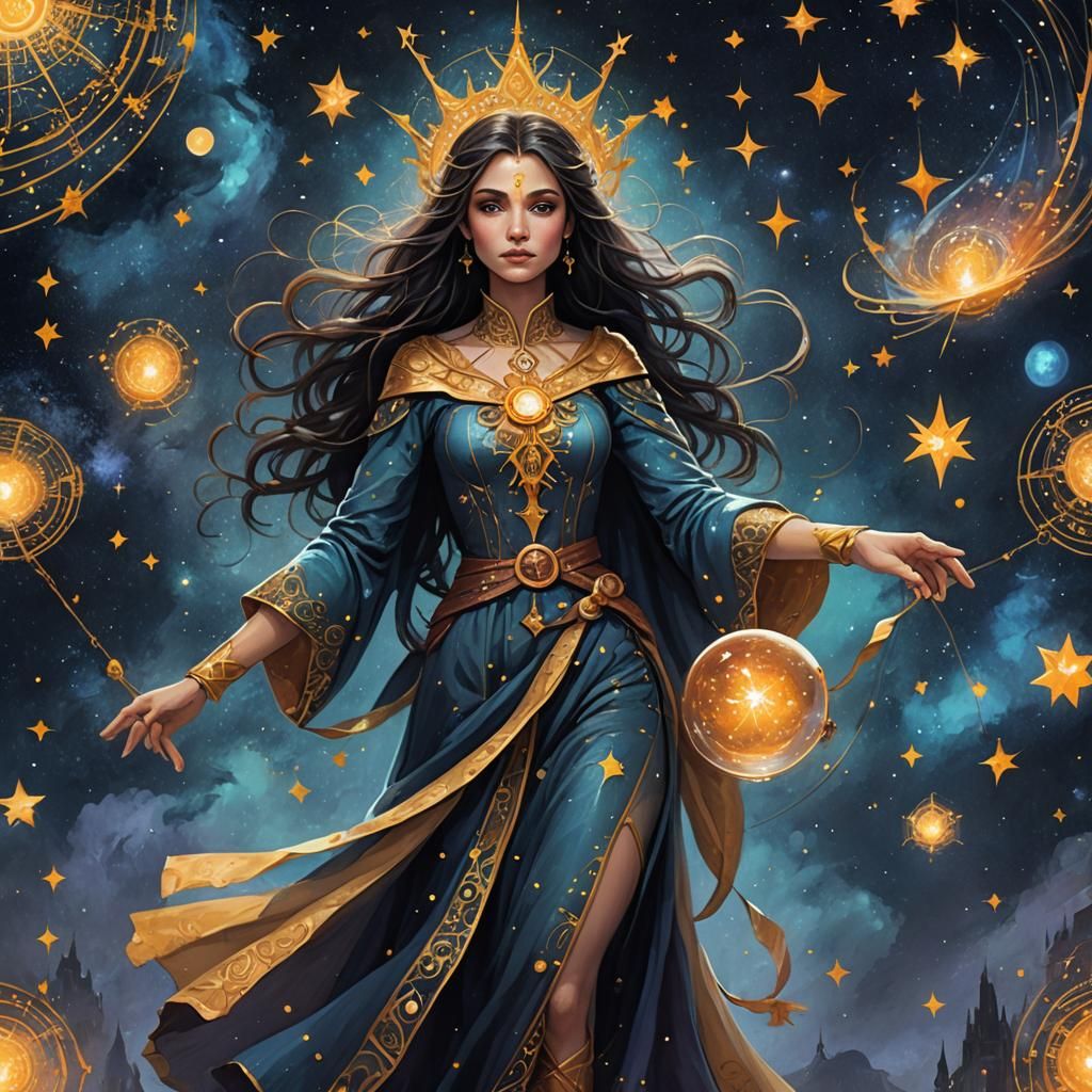 Mystical Sorceress Conjuring Constellations in Fantasy Style