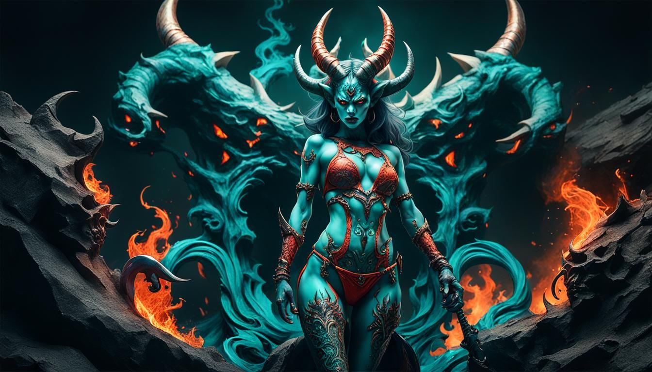 Teal Demon in Fiery Martian Landscape