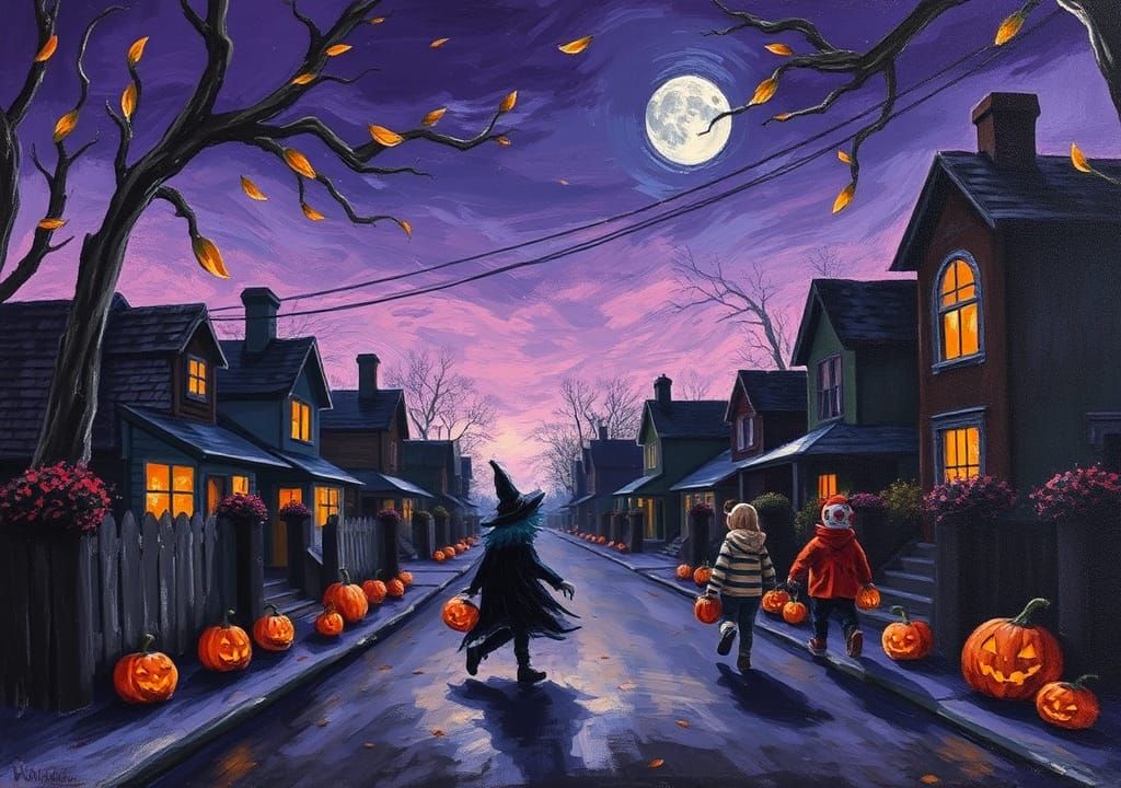 Halloween Night: Trick or Treat in Oil Painting Style