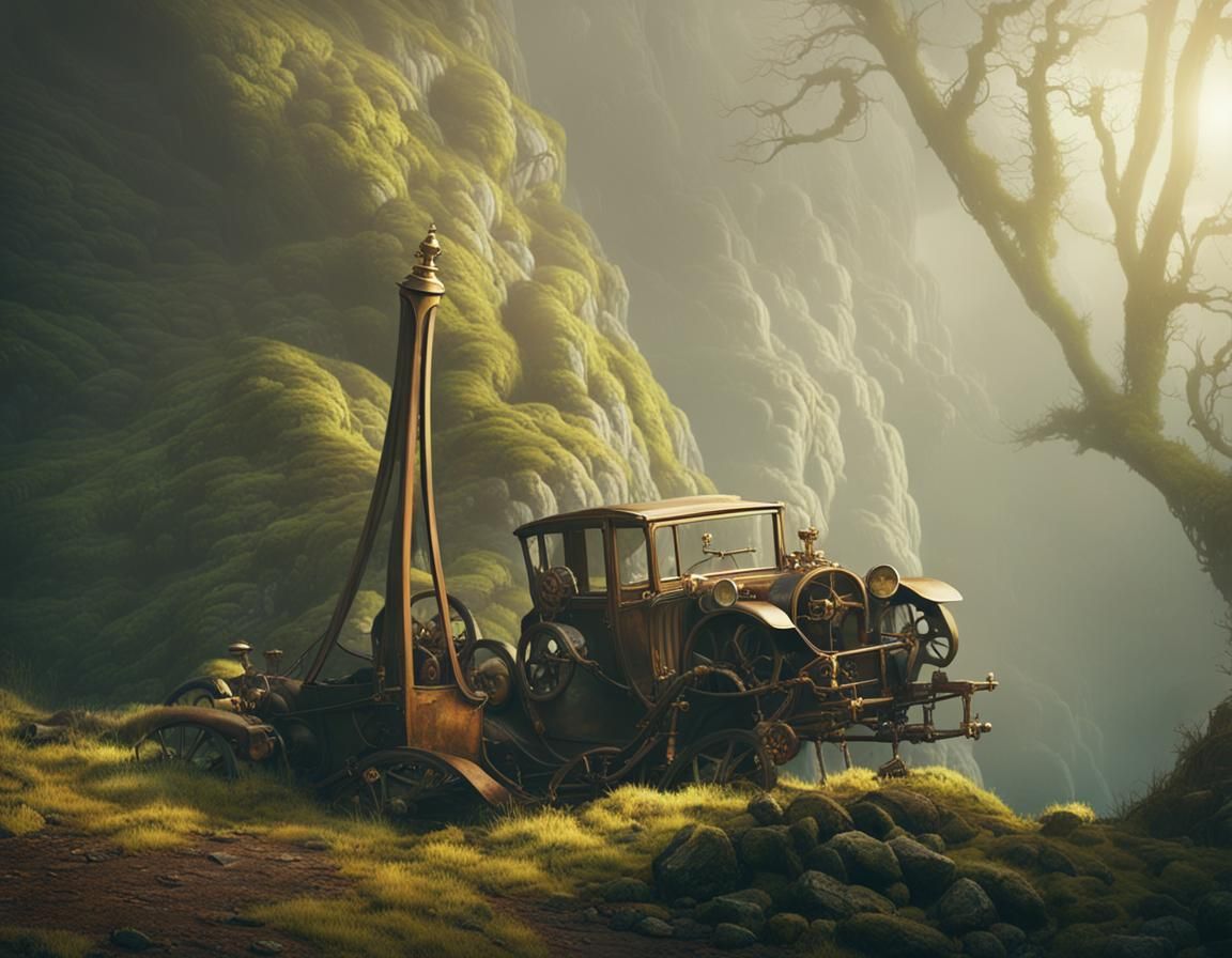 Steampunk Car Stranded on Overgrown Cliff Road