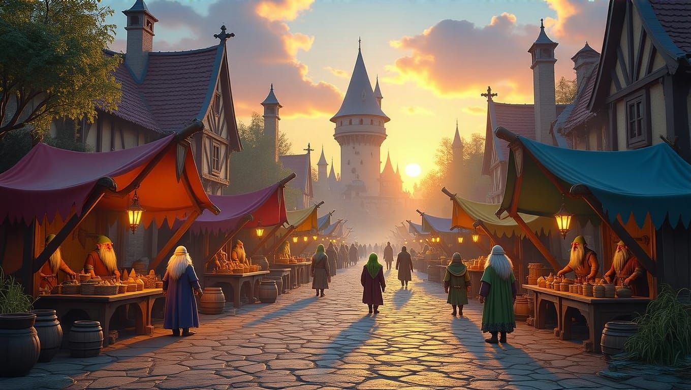Whimsical Medieval Marketplace at Sunrise