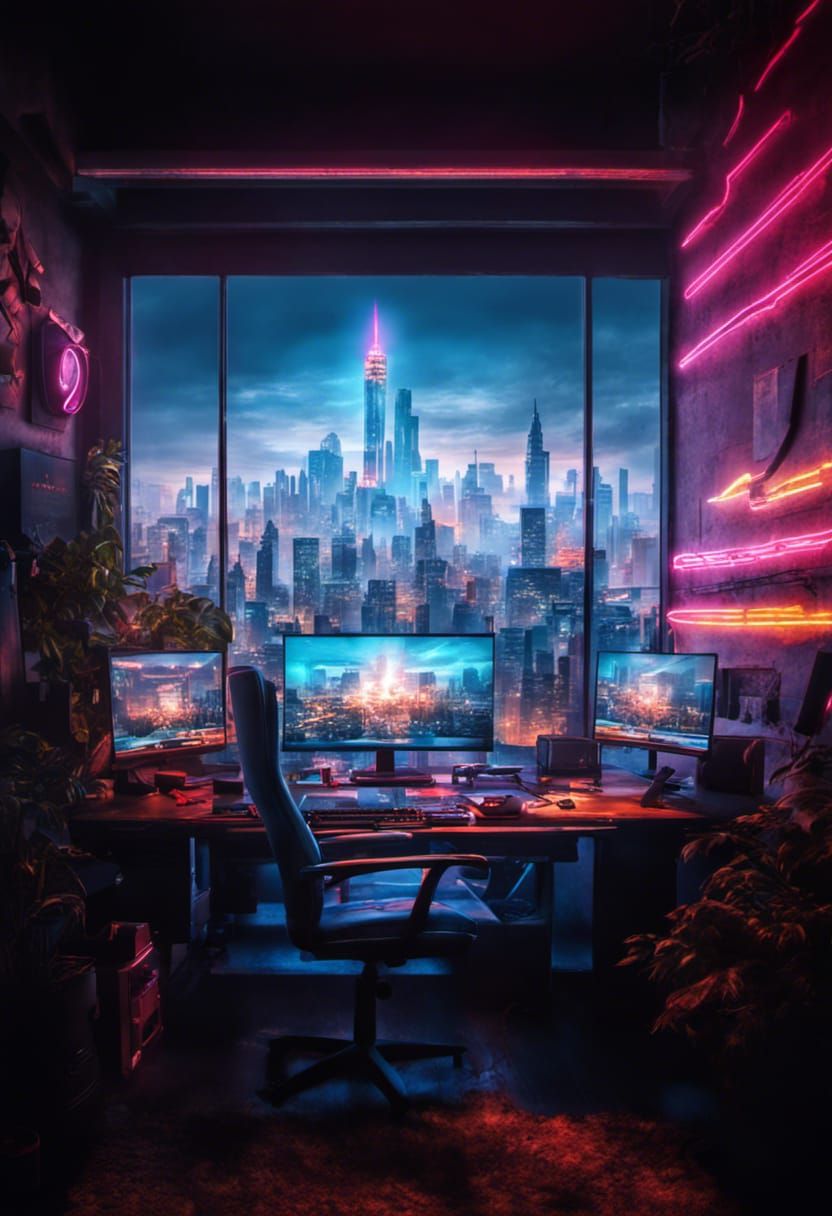 Hyperrealistic Neon Sunrise Over Neon City