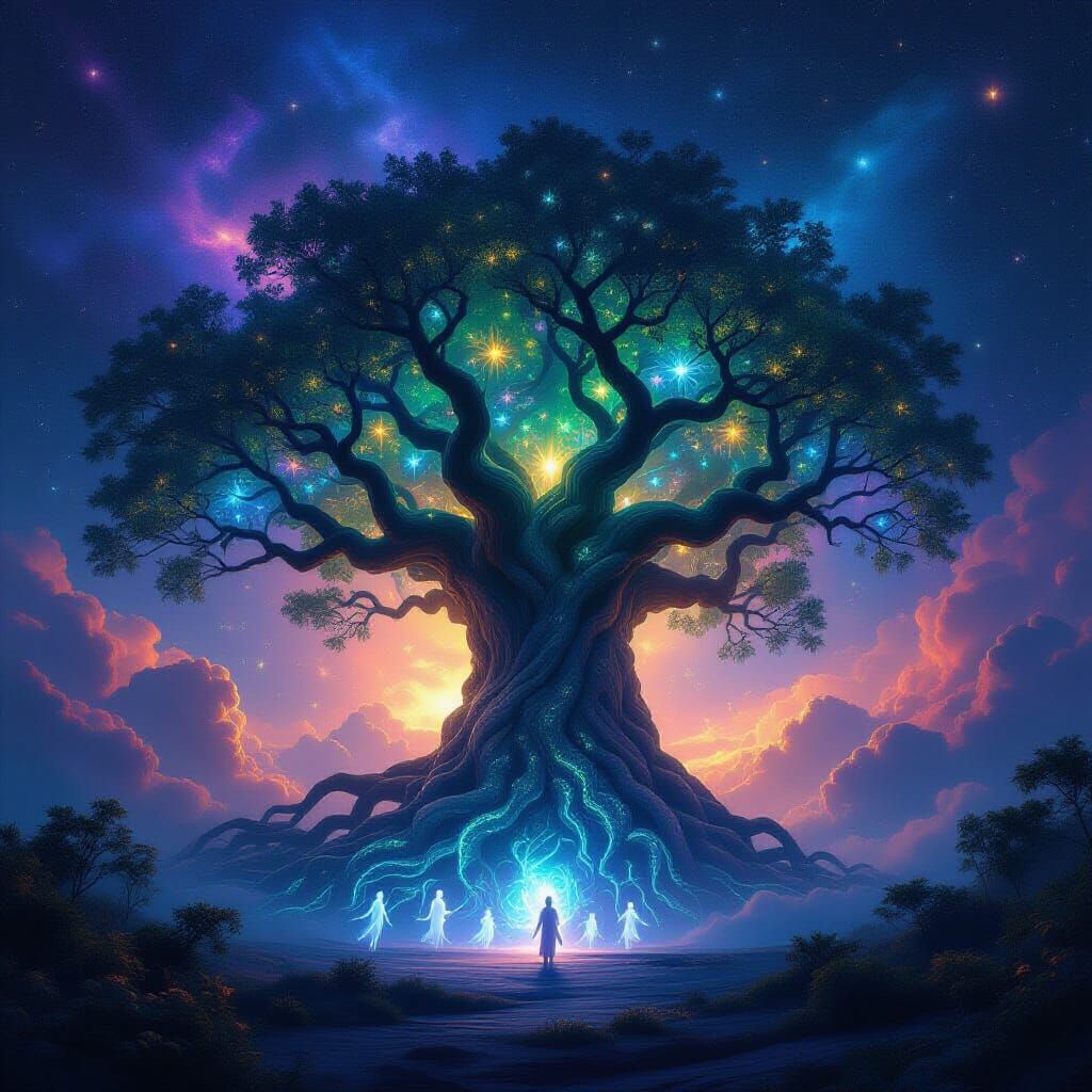 Ancient Bioluminescent Tree in Nebula, Hyperrealistic Style