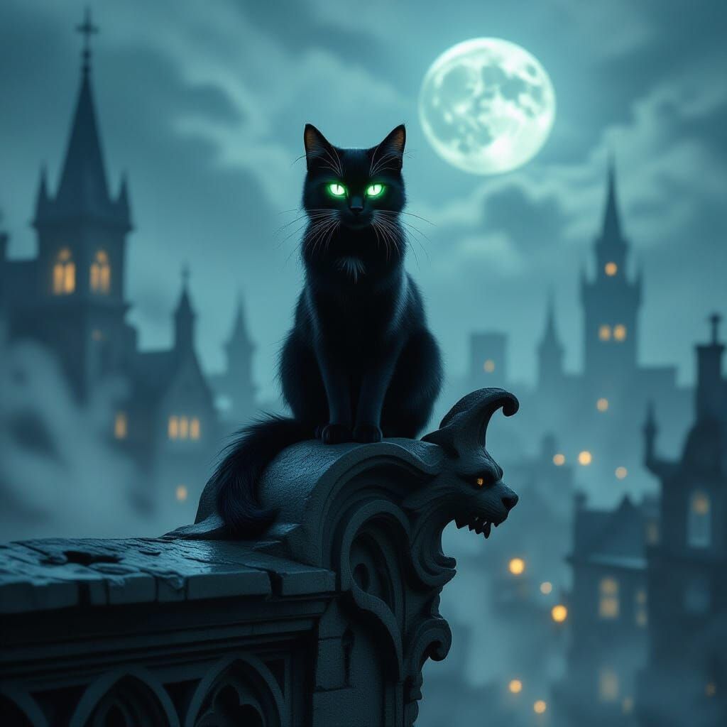 Spectral Cat on Gargoyle Overlooking Moonlit Victorian City