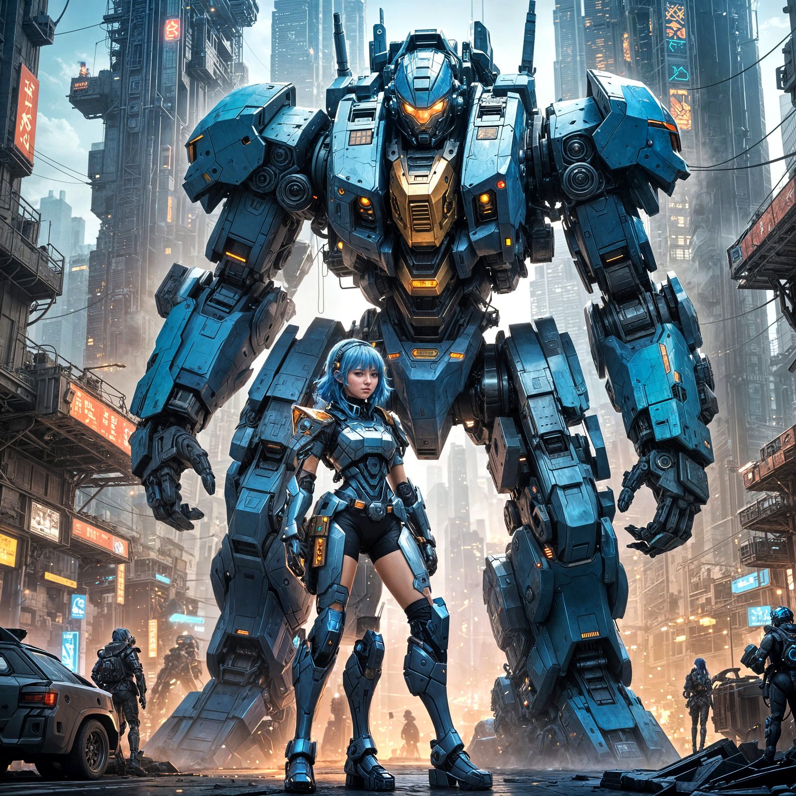 Anime-Inspired Blue-Haired Warrior with Battle Mech