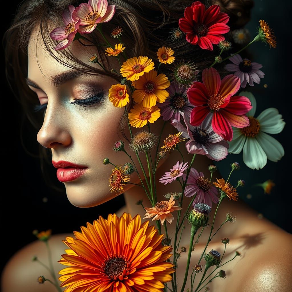 Hyperrealistic Collage of Wildflowers and Female Forms