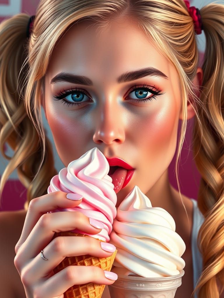 Hyperrealistic Portrait of a Blonde Woman Enjoying Ice Cream