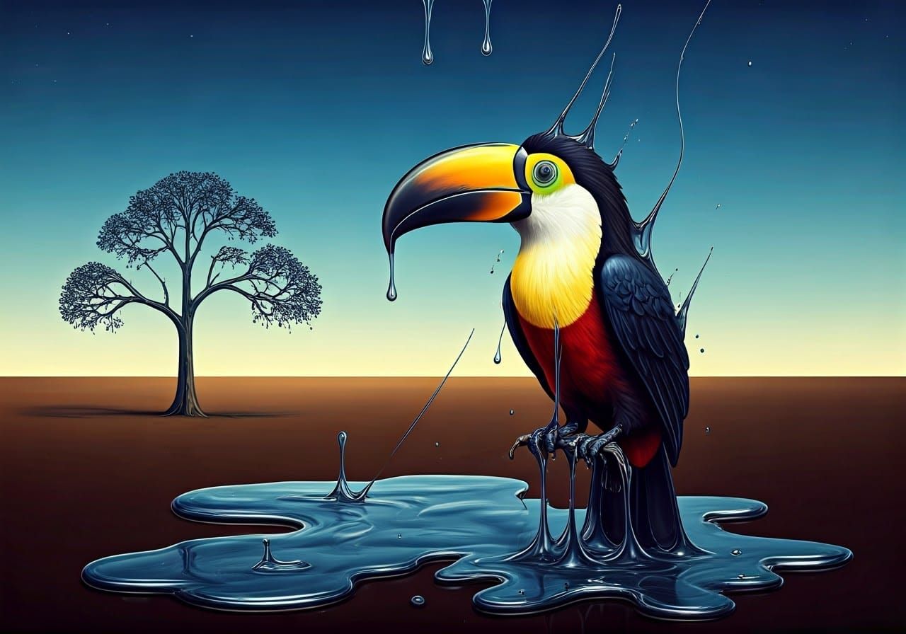 Liquid Toucan in Surrealist Rain-Tree Landscape