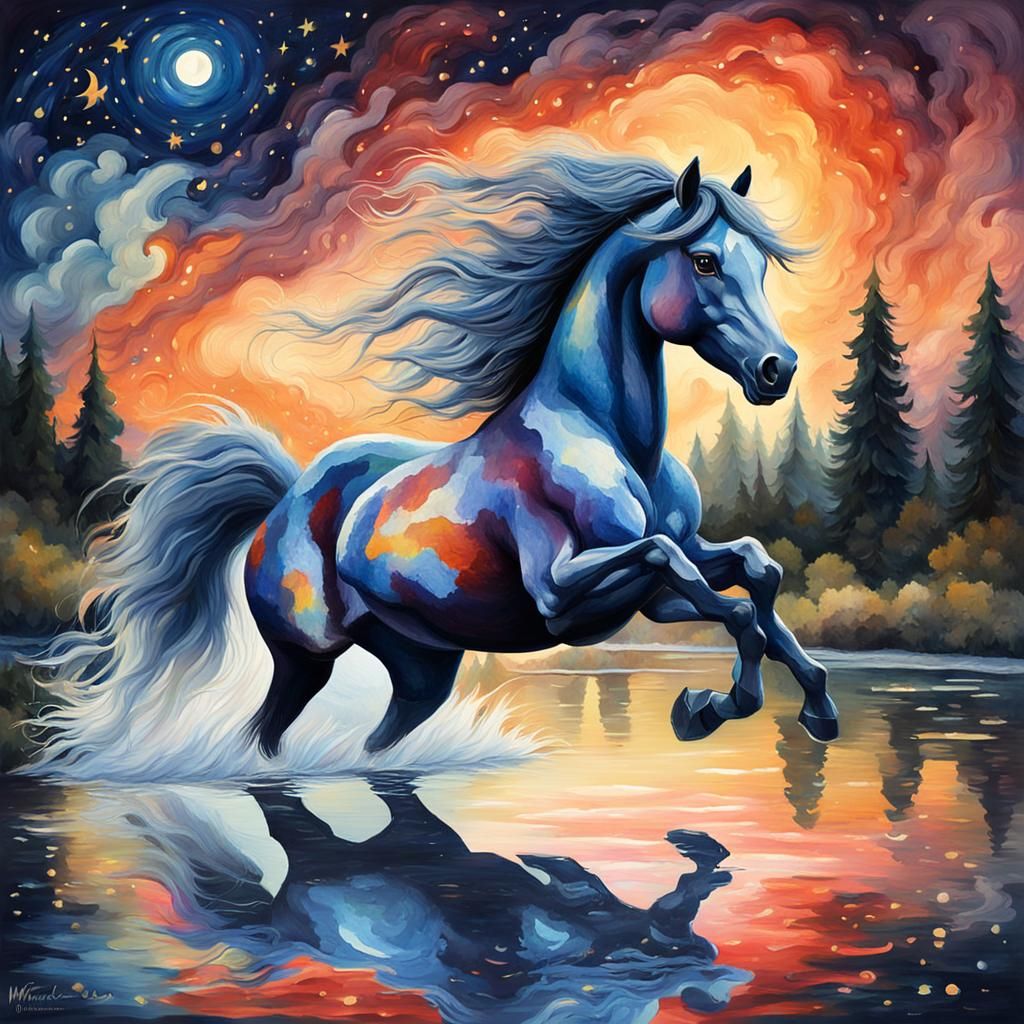 Elegant Unicorn Galloping Over Reflective River