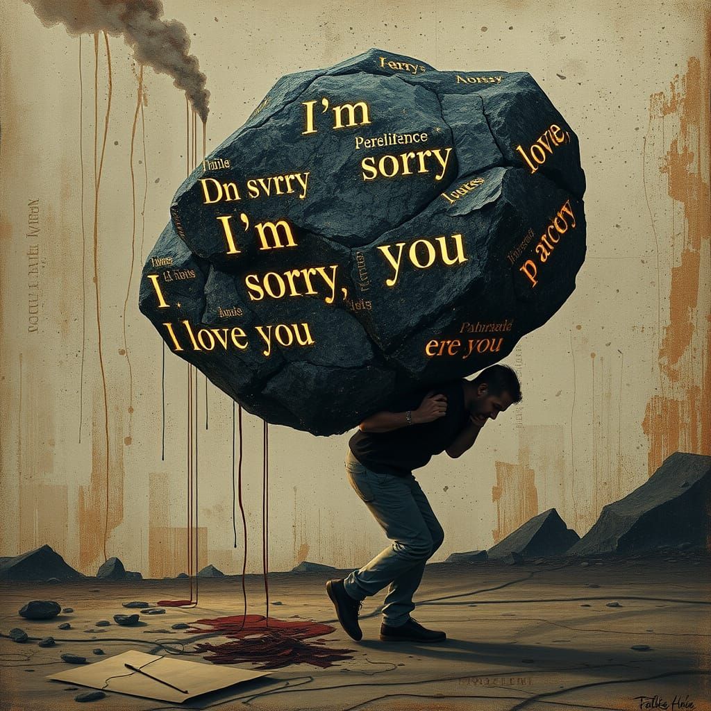 Man Burdened by Word Rock: Surrealist Digital Art