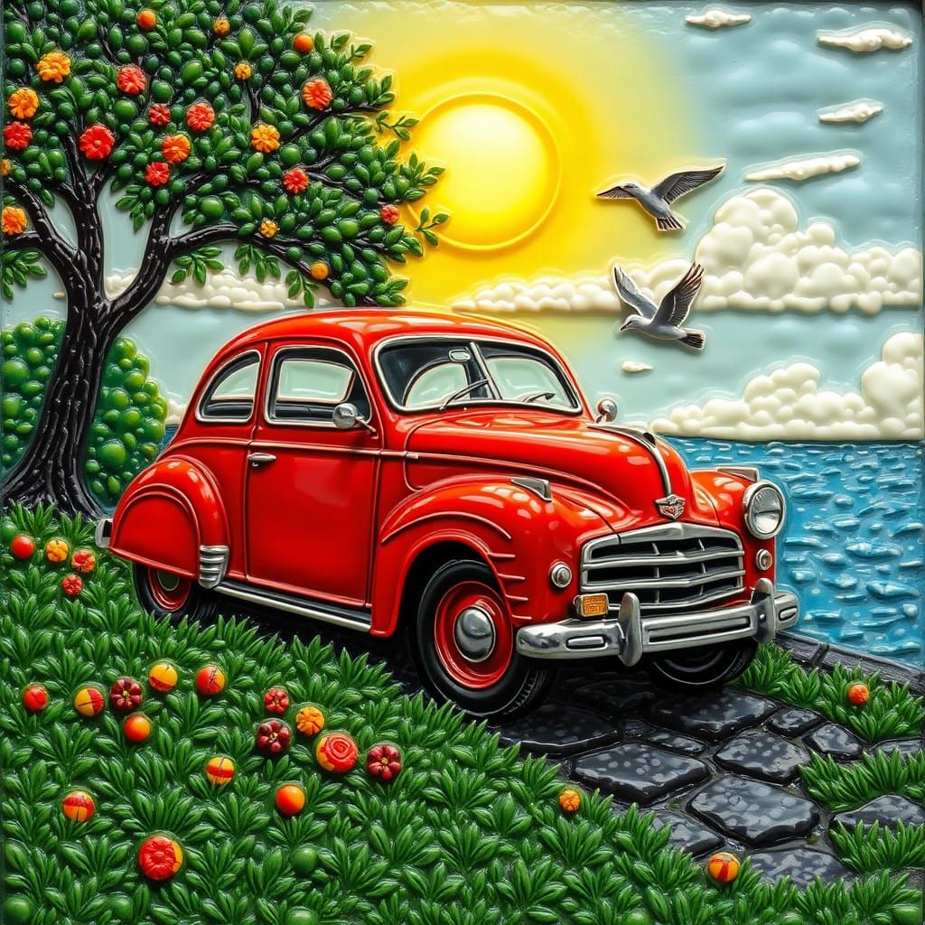 A Cloisonne-Inspired Fantasy Car by the Sea