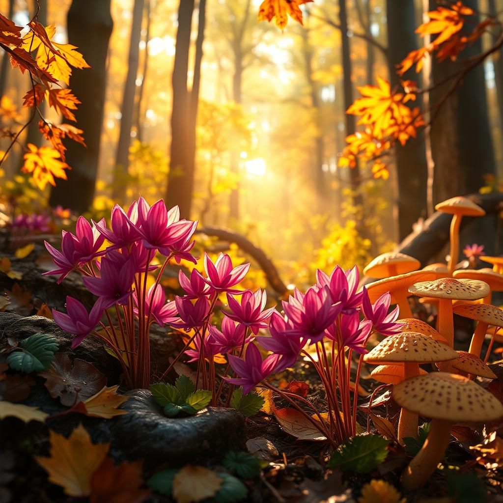 Hyperrealistic Autumn Forest with Chanterelles and Cyclamen