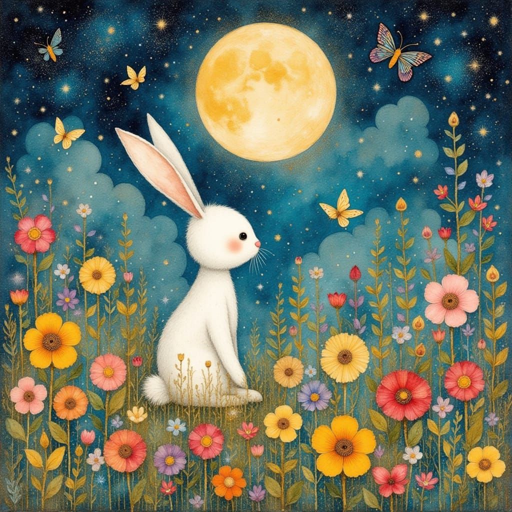 White Rabbit in Wildflower Field Under Full Moon
