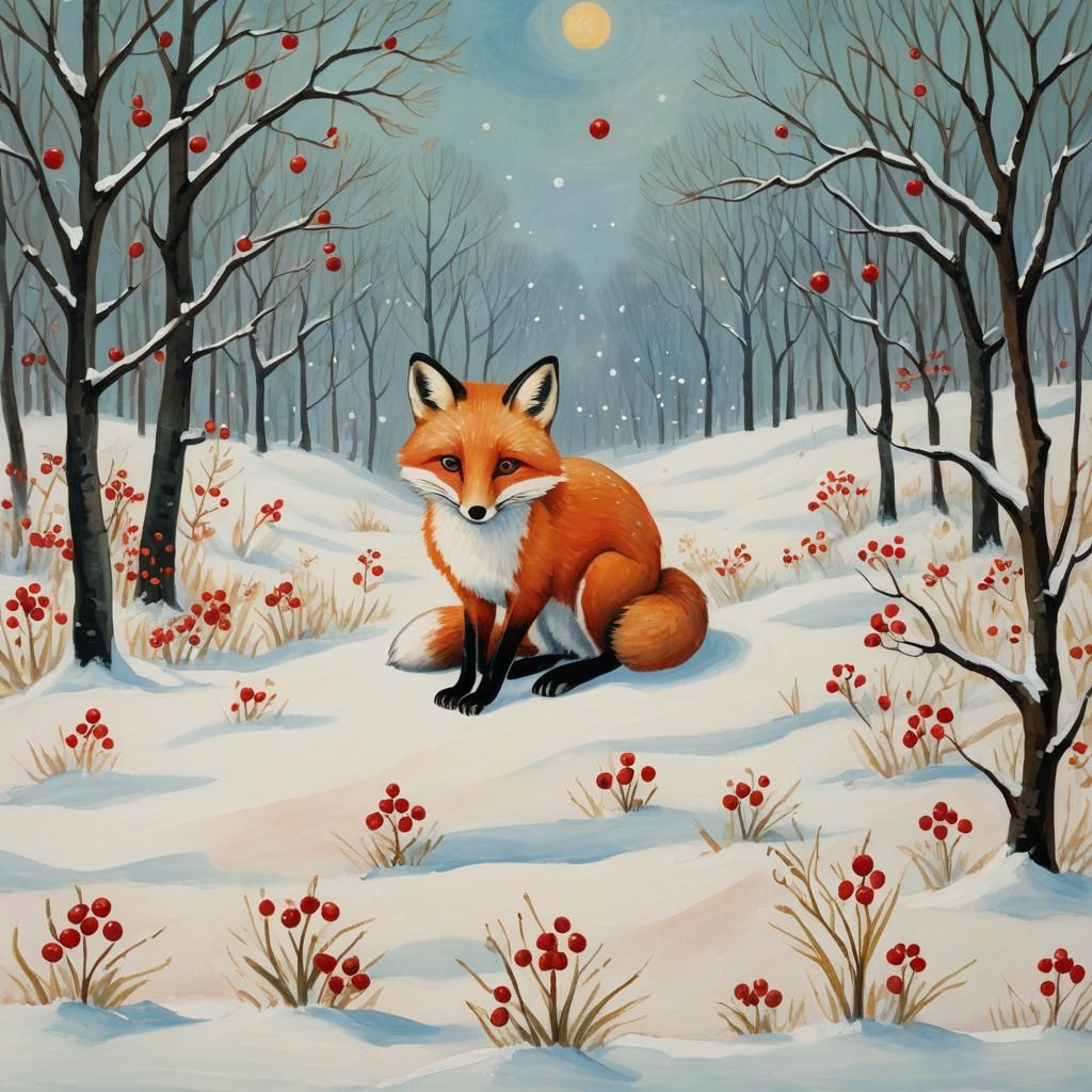 Fox in Snow: A Naive Art Painting