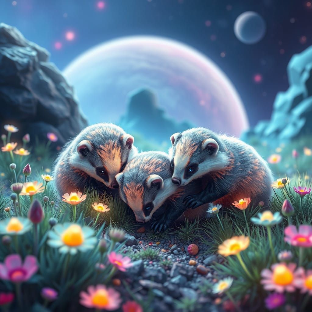 Whimsical Space Badgers in a Vibrant, Otherworldly Meadow