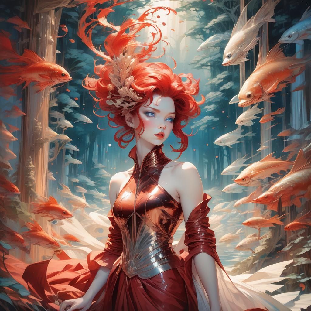 Dreamlike Red Beauty in Fantasy Art Style