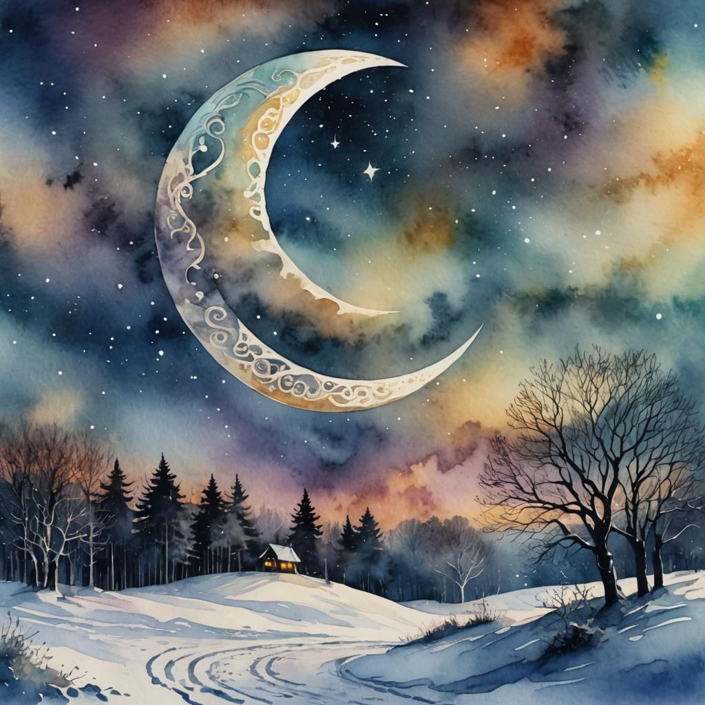 Celtic Winter Crescent Moon in Digital Watercolor