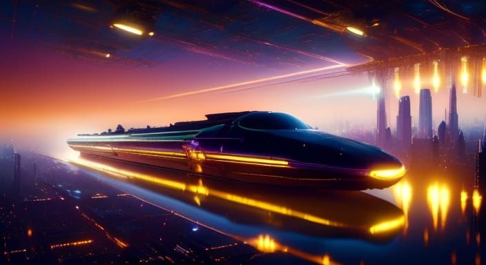 Futuristic Bullet Train Speeds Towards Tokyo at Night