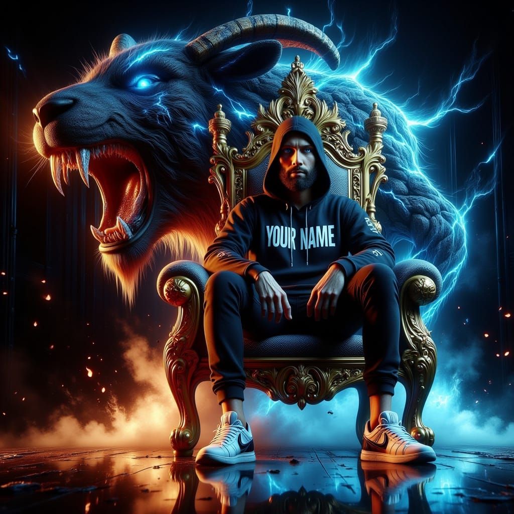 Mysterious Man on Golden Throne with Fiery Goat