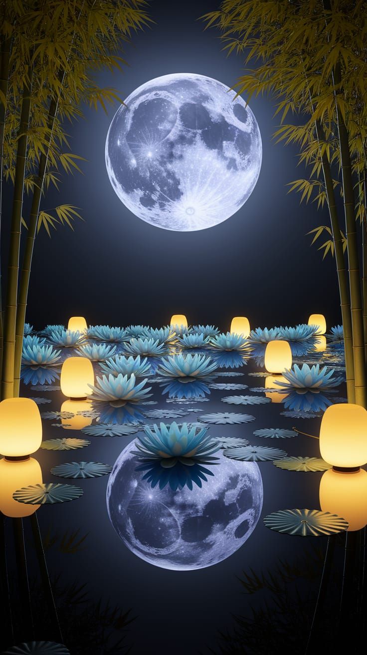 Mystical Blue Lotus Blooms Under Radiant Full Moon