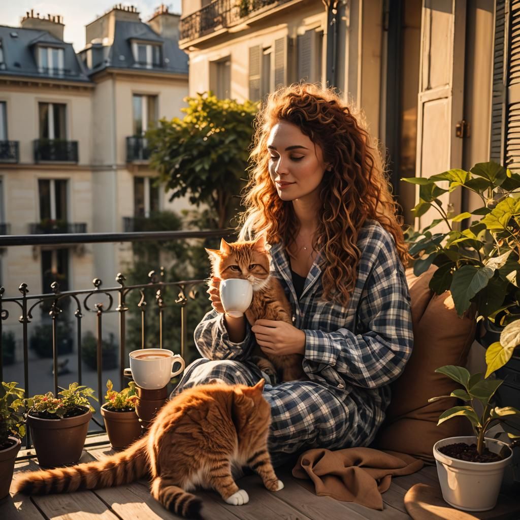 Parisian Bliss: Woman and Cat in Golden Light