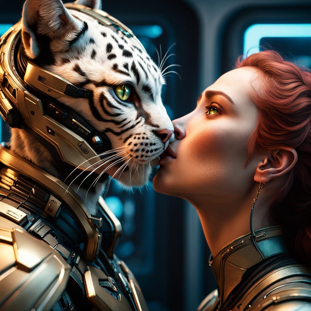 Intimate Moment of Feline Transformation in Love