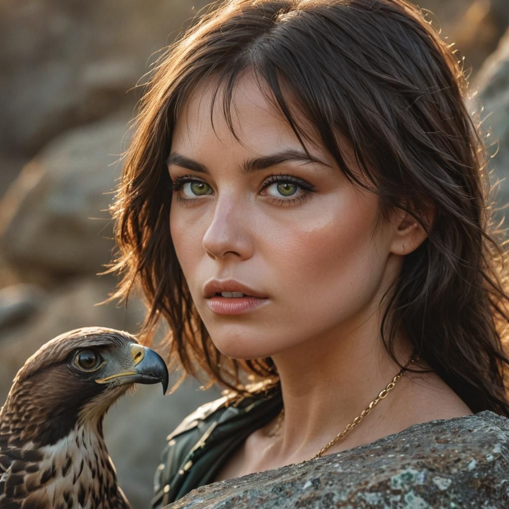 Woman with Hawk: Metallic Sheen Portrait