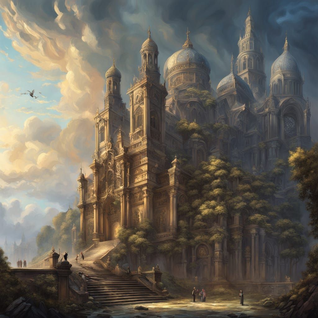Majestic Ancient Church in Mystic Fog - Fantasy Art