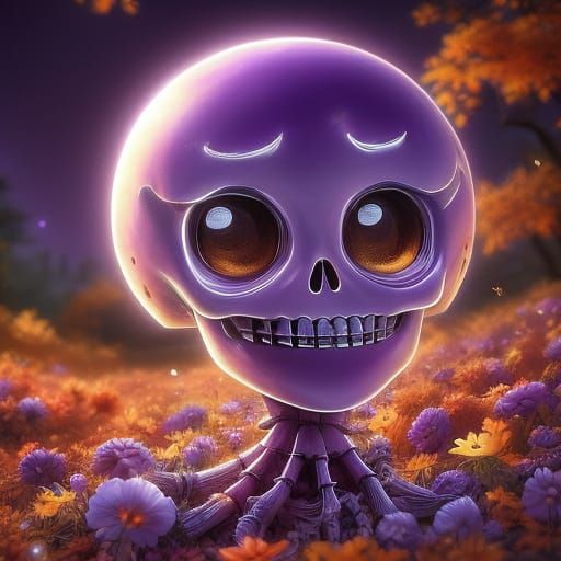 Whimsical Purple Orange Skeleton Face Autumn Watercolor