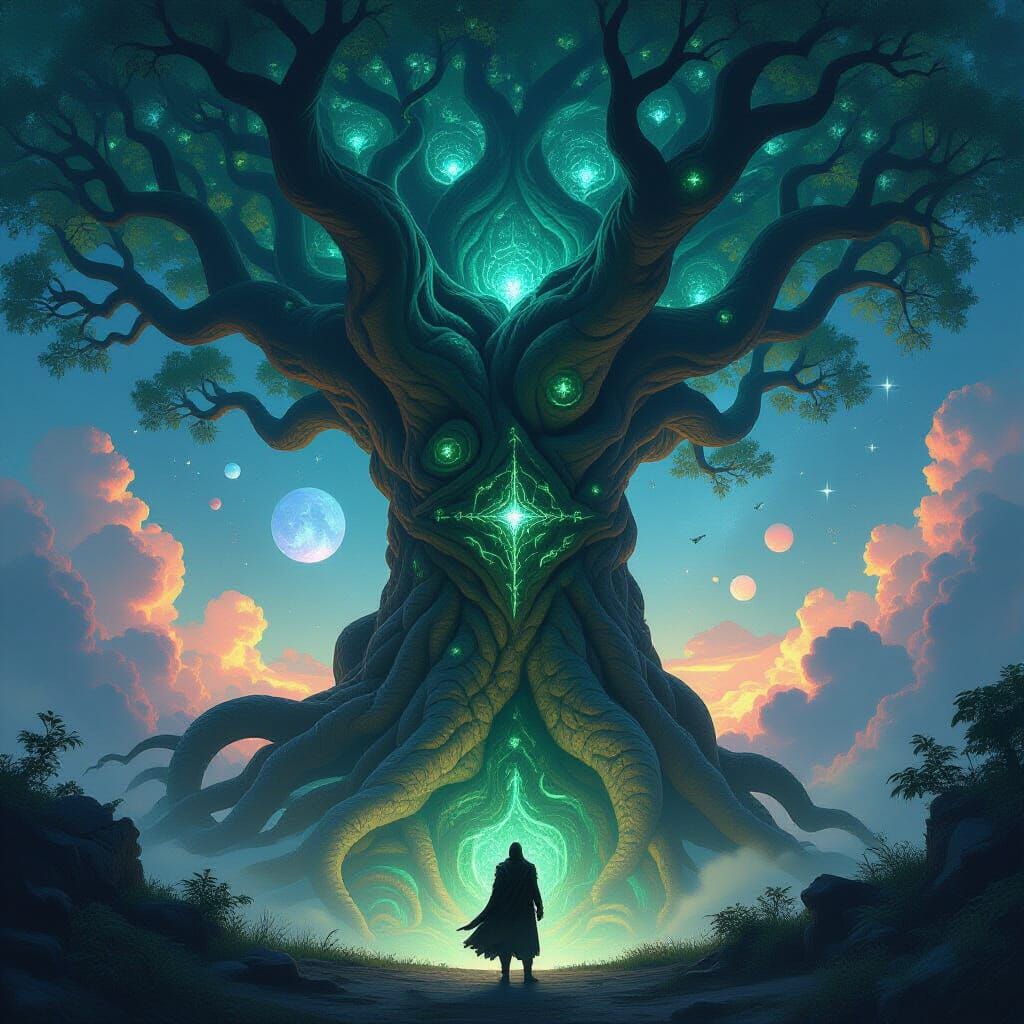 Ancient Serpent-Rooted Tree With Warrior Under Nebula Sky