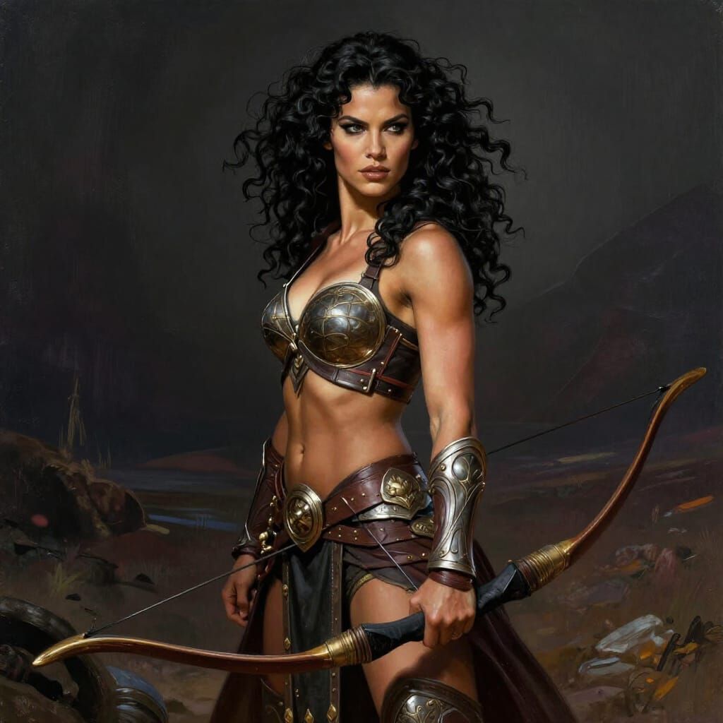 Athletic Warrior Woman in Ornate Armor Holding Bow