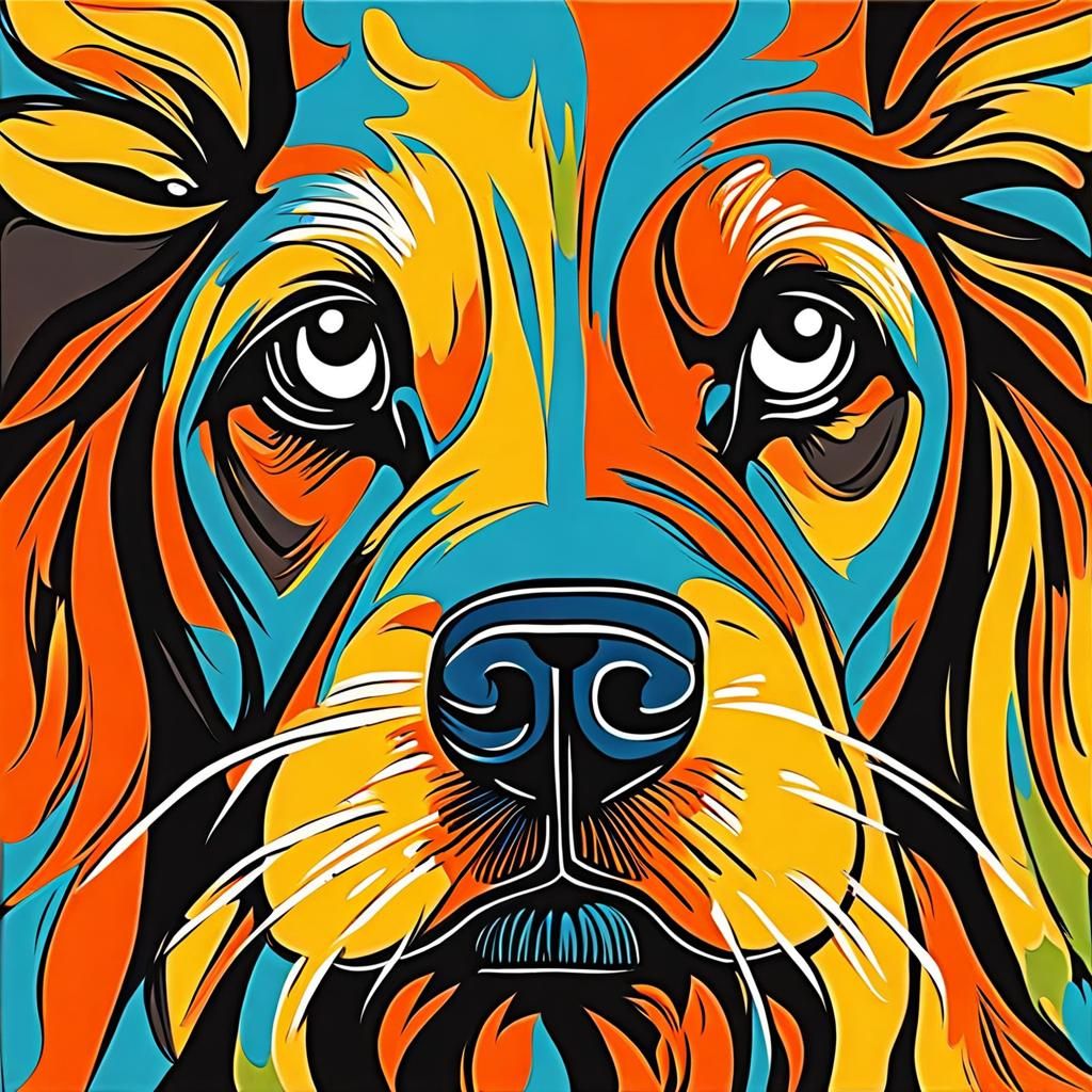 Abstract Dog Portrait with Long Hair in Complementary Colors