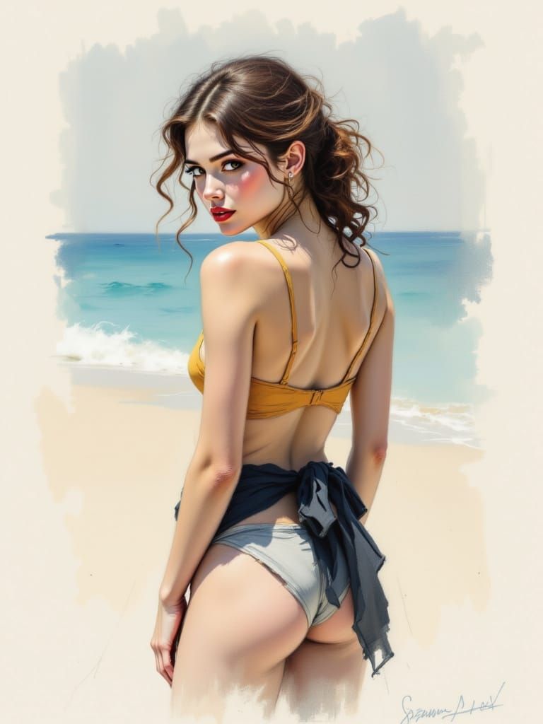 Soft Pastel and Charcoal Portrait of a Young Woman on a Secl...