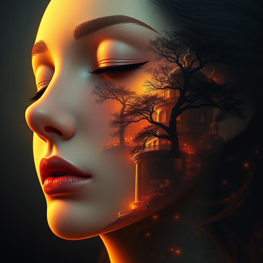 Surreal Portrait of a Woman in a Dreamlike Cityscape