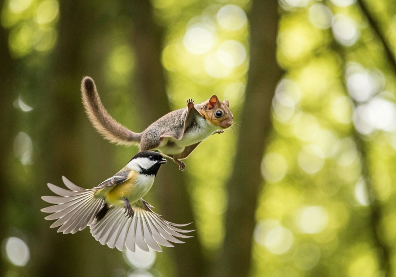 Flying Squirrel and Chickadee in Bright Forest