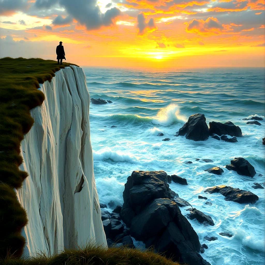 Mysterious Figure Contemplates Leap from Turbulent Cliff