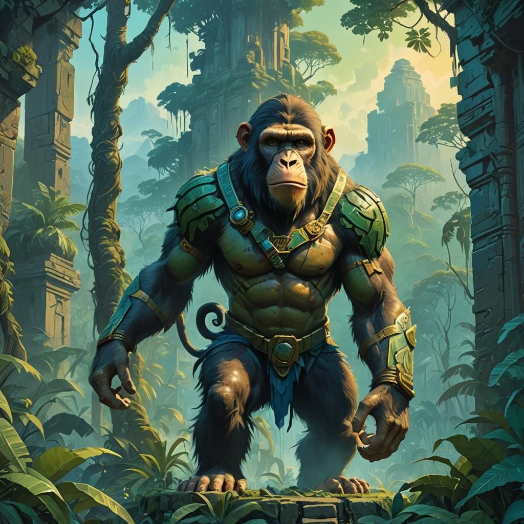 Monkey Warrior Confronts Ape in Fantasy Jungle