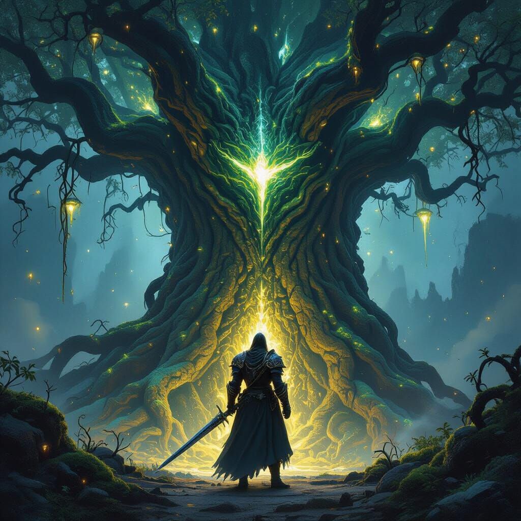 Knight Before Ethereal Tree in Dark Fantasy Forest