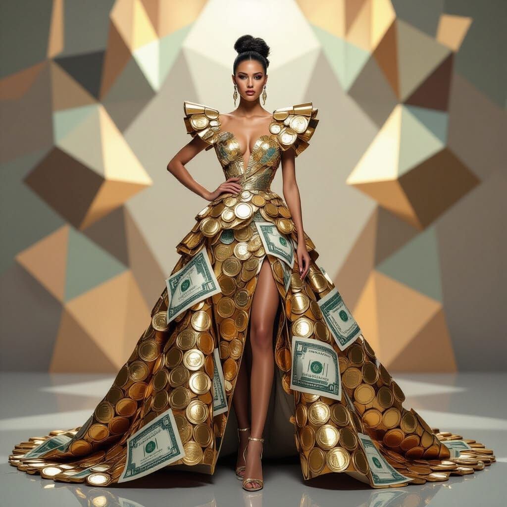 Futuristic Gold Coin Gown in Surreal Metallic Style